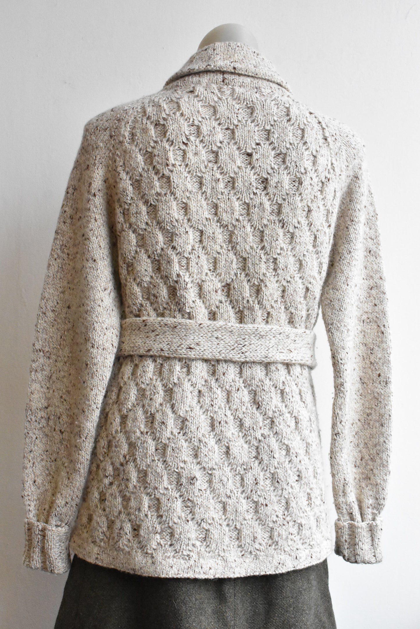 Handcrafted wool cableknit cardigan with belt, S/M