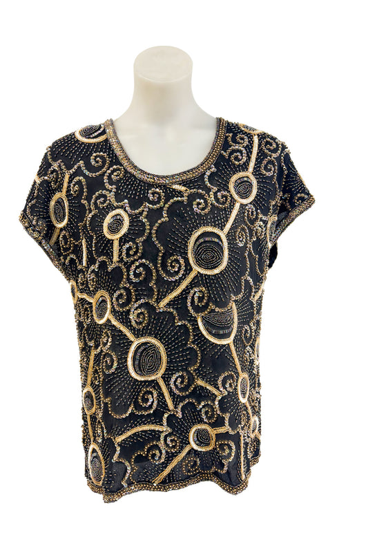 Sudi England 100% silk beaded top, L NWT