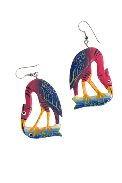 Wooden heron bird earrings