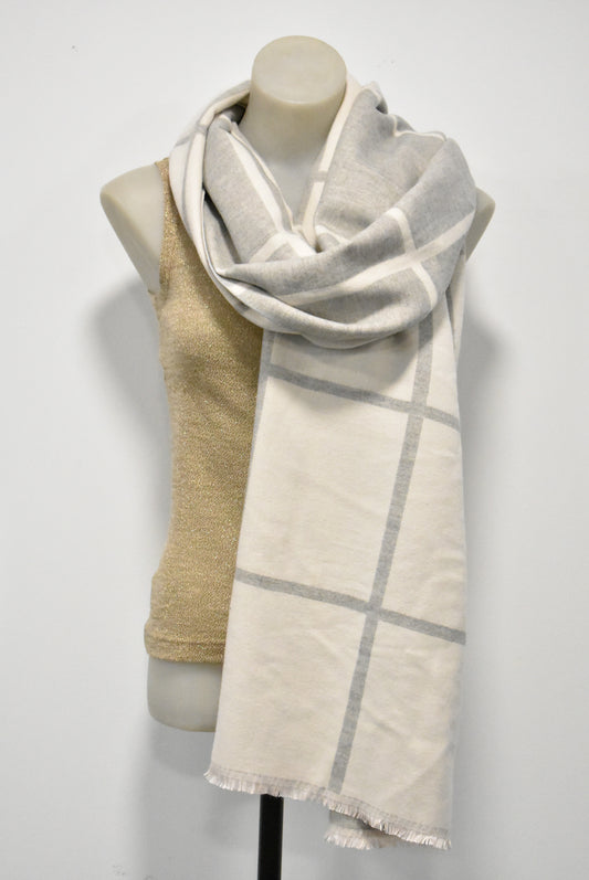 Grey check oversized cashmere scarf with fringe detail