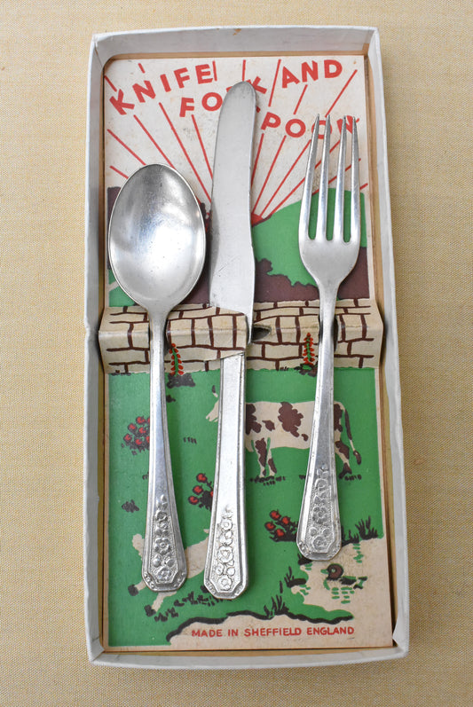 Vintage Sheffield made knife, fork, spoon set