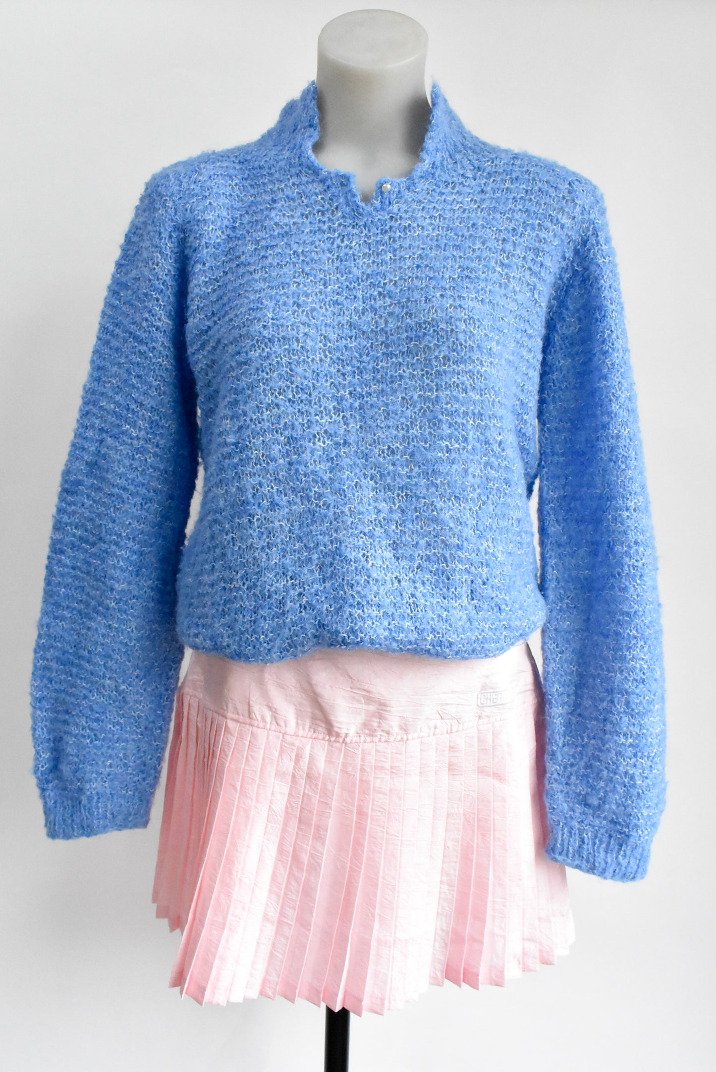 Handknit blue wool jumper, M