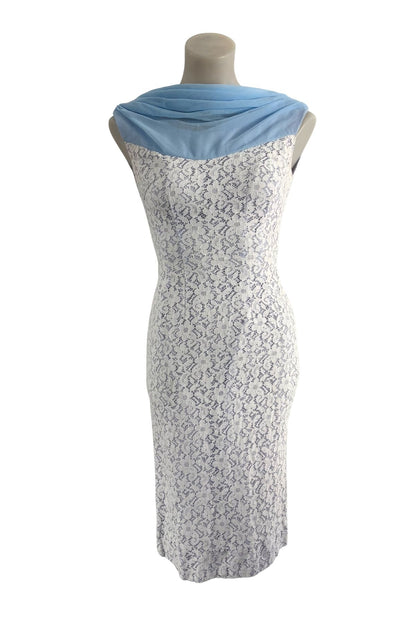 1960's Gorgeous baby blue + white lace dress, XS