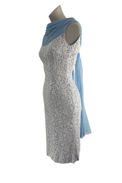 1960's Gorgeous baby blue + white lace dress, XS