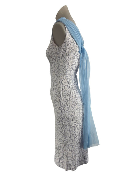 1960's Gorgeous baby blue + white lace dress, XS