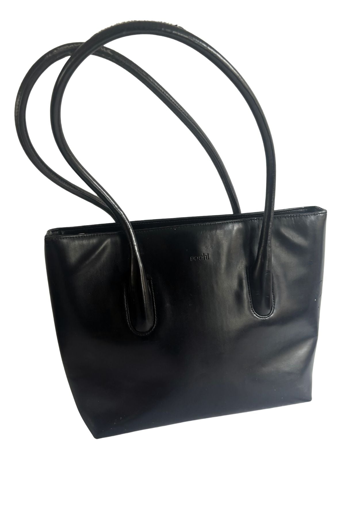 Sachi large black vinyl leather handbag