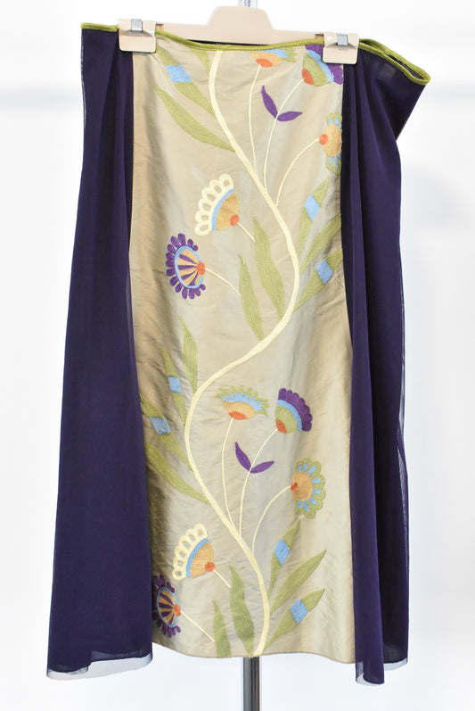 Hallelujah purple embroidered silk skirt, made in Dunedin, NZ, L+