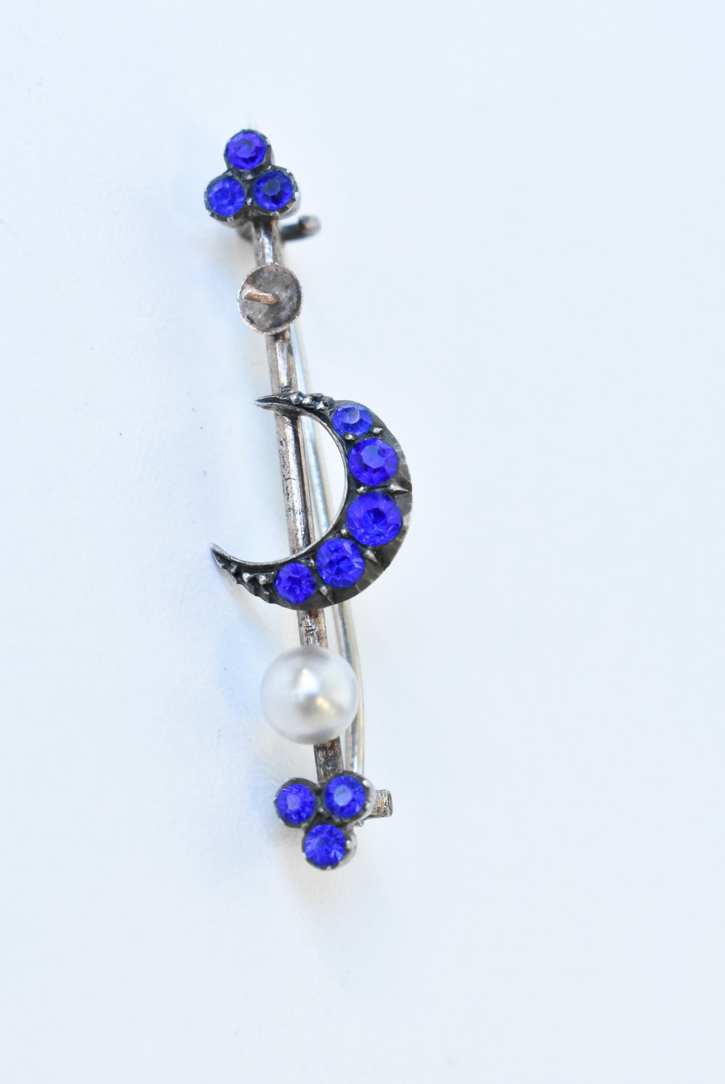 Crescent moon early 1900's vintage blue and silver brooch