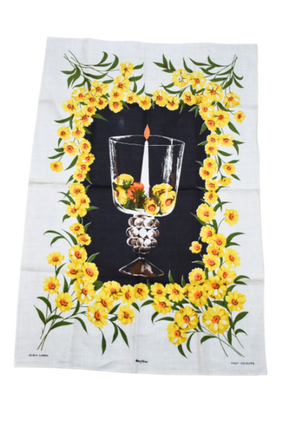 Yellow flowers linen tea towel