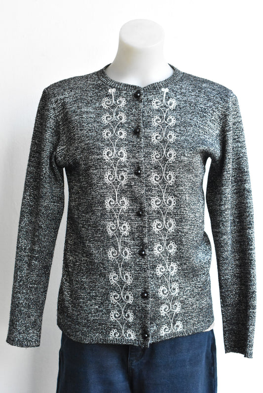 Contessa retro black shiny embroidery cardigan, size SW