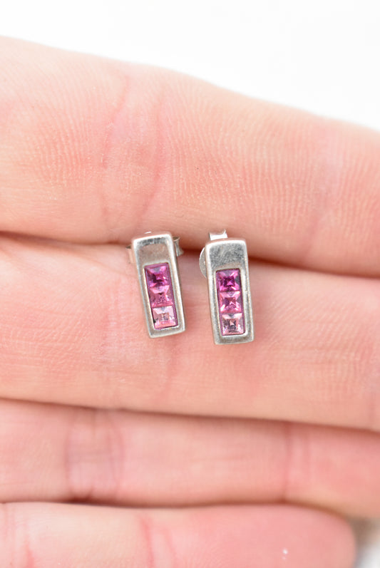 925 silver rectangle stud earrings with pink glass