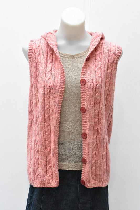 Cable handknit sleeveless hooded top, M
