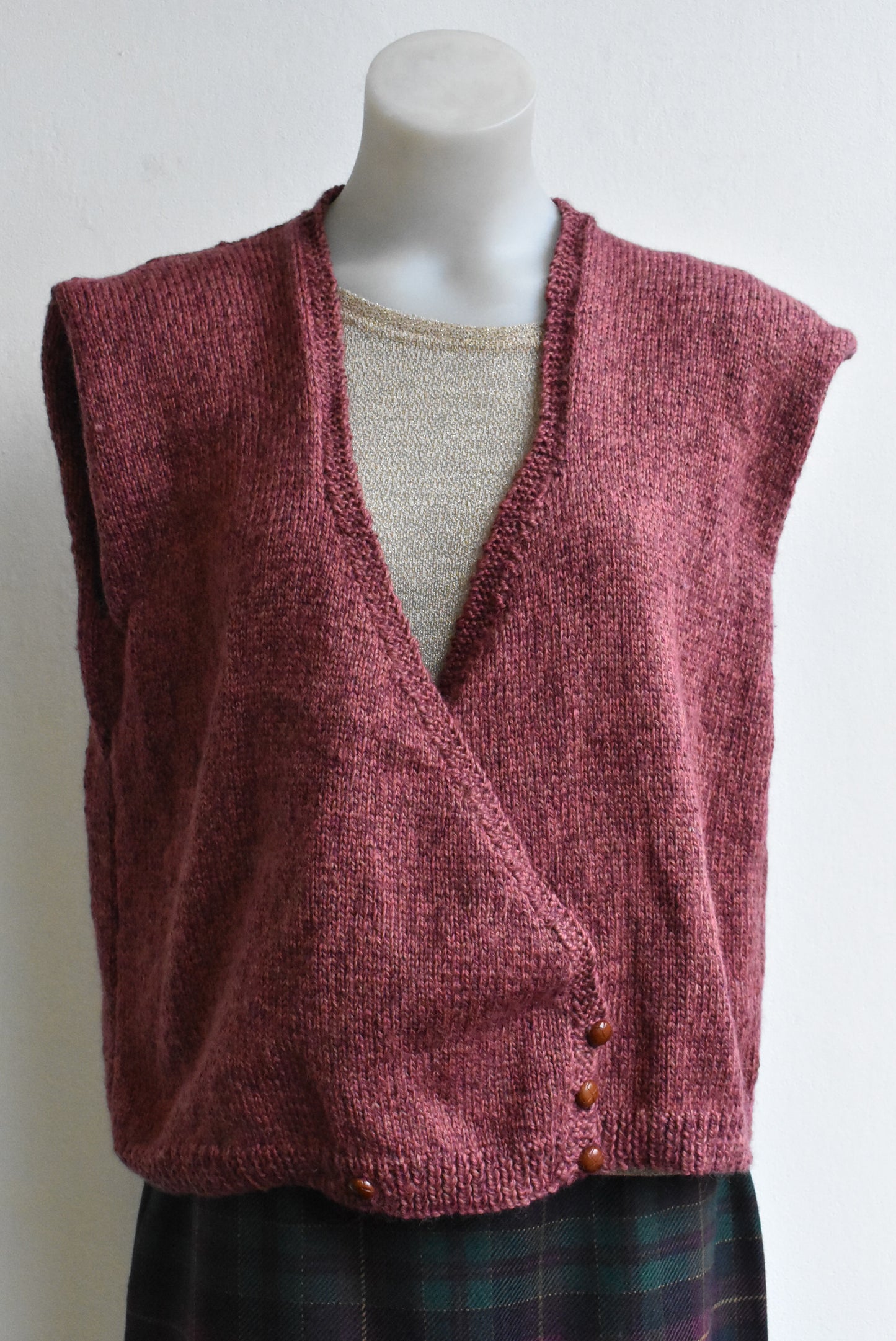 Handmade sleeveless dusky rose knit cardigan, L