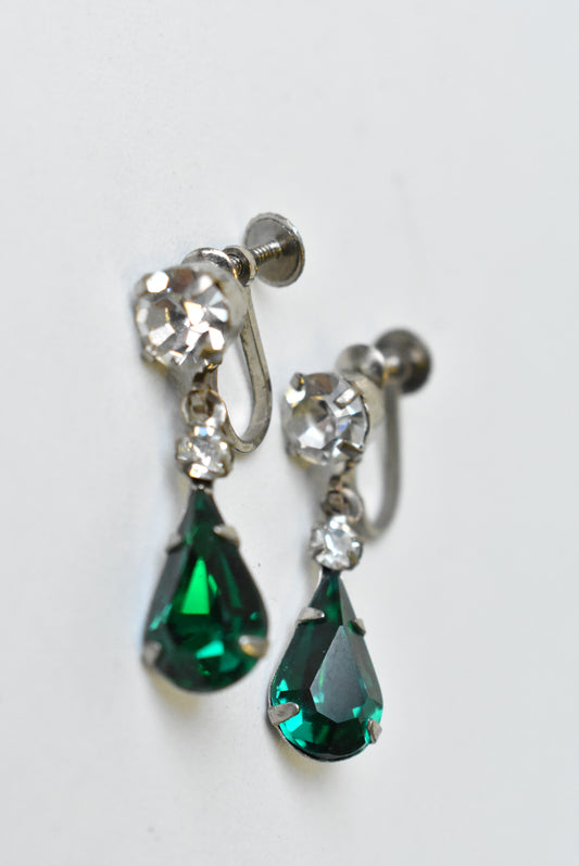 Vintage screw-on diamanté and green glass earrings