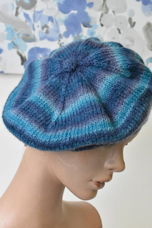 Handmade crochet blue beret hat, osfm
