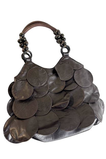 Circle patches beaded handle bag