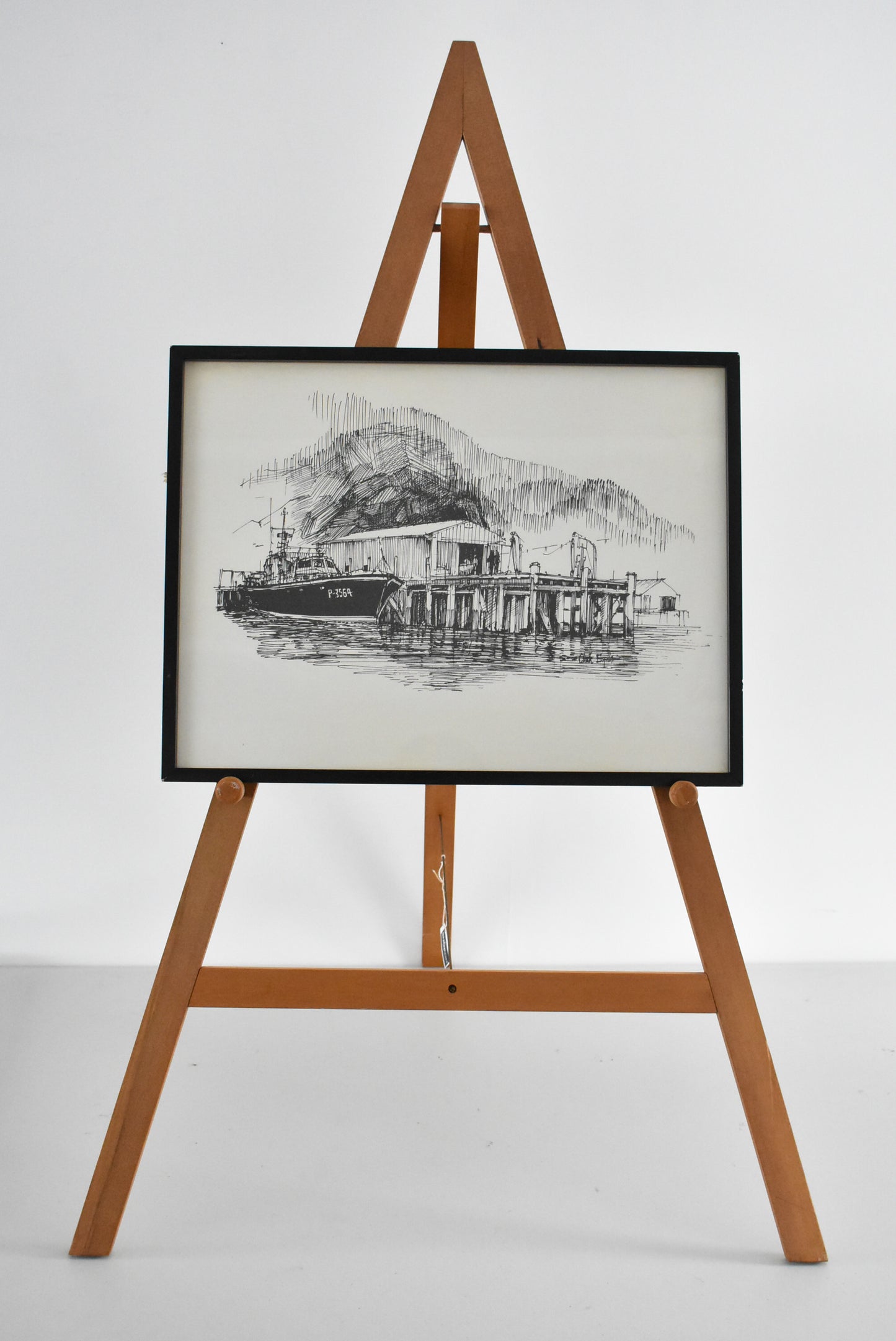 Clark Esplin boat at a warf pen & ink