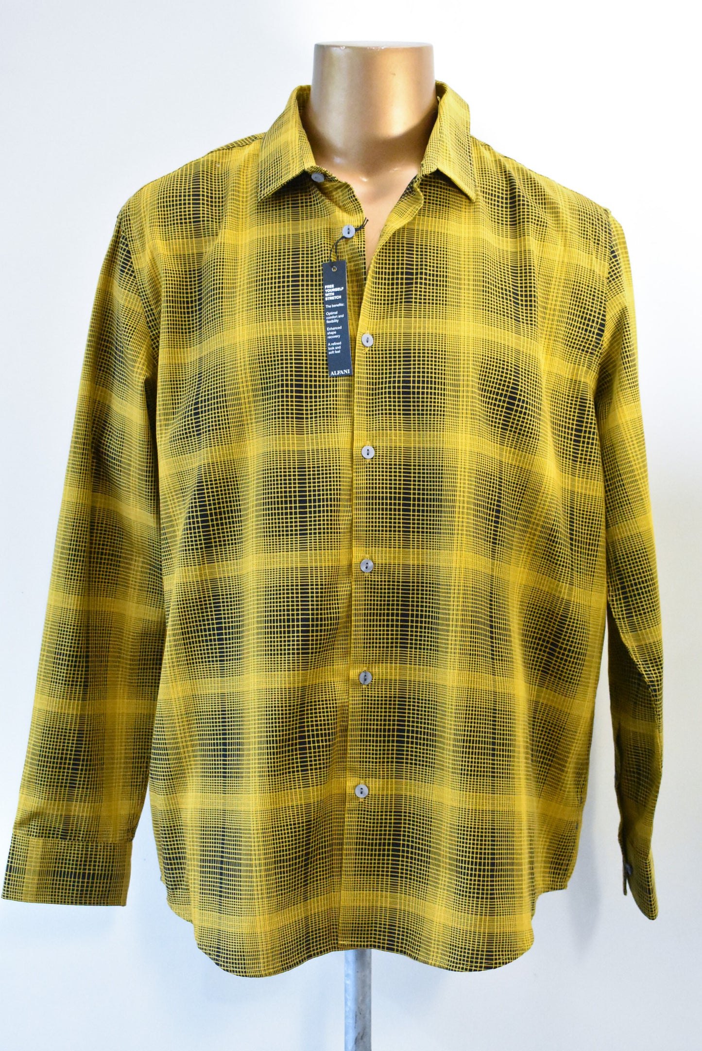 Alfani long sleeve black and marigold yellow plaid shirt, XL