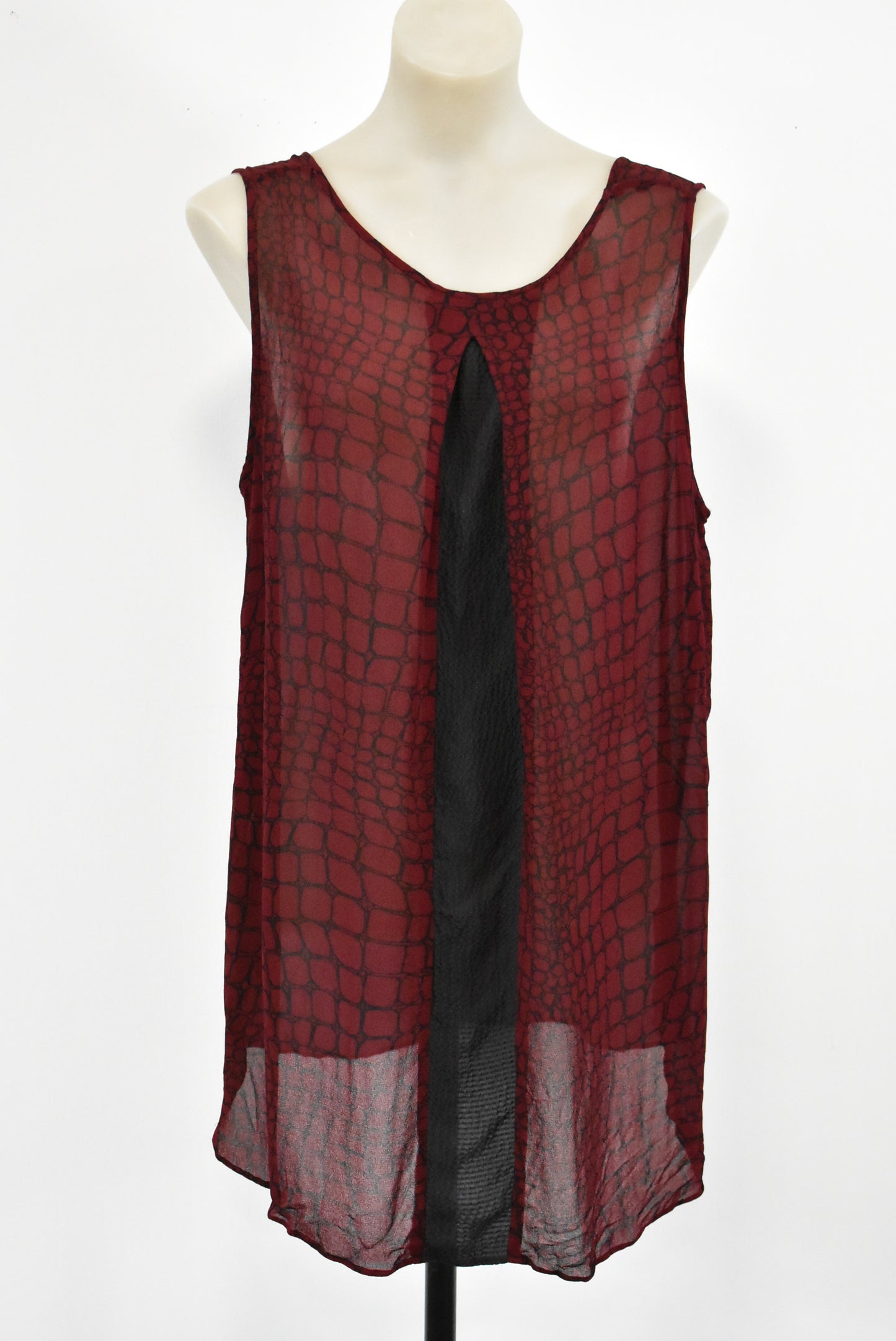 Sheer maroon top with snakeskin pattern, L