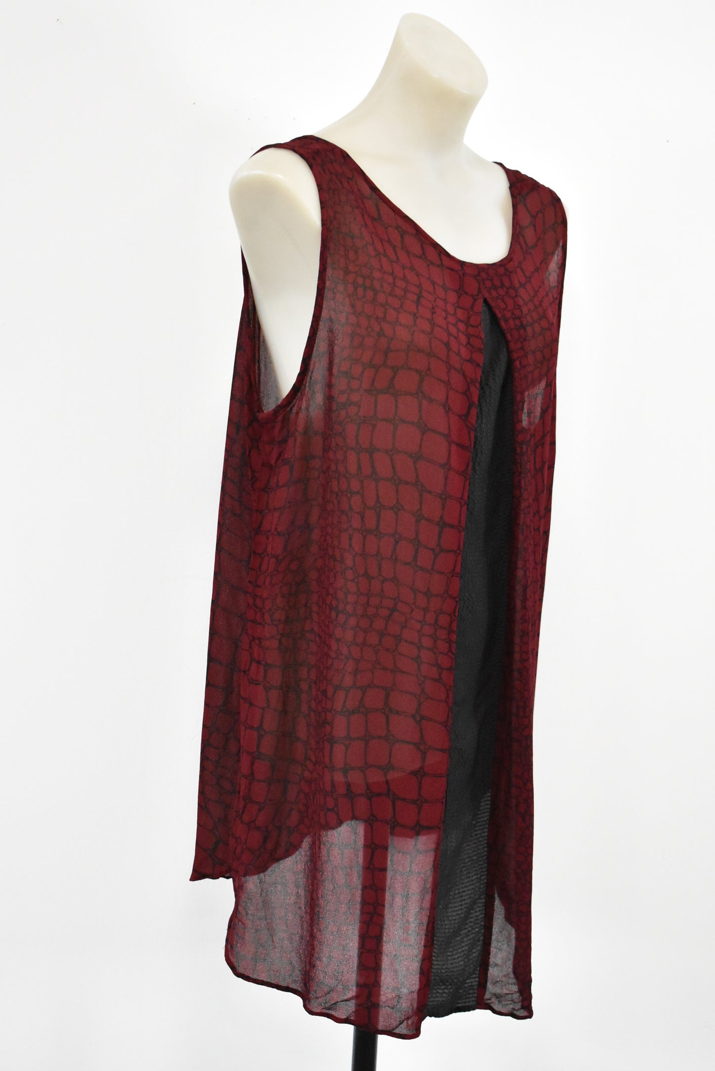 Sheer maroon top with snakeskin pattern, L