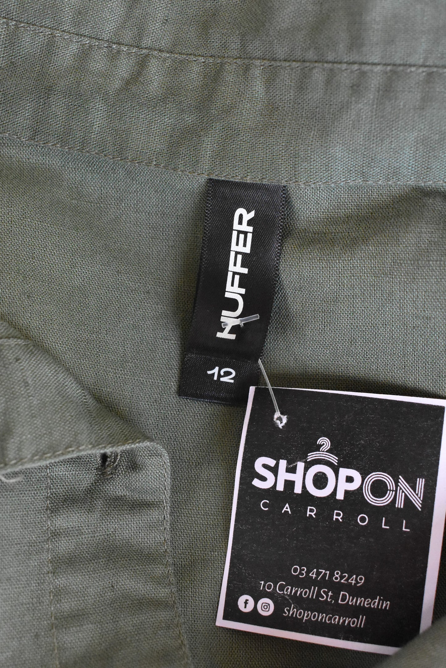 Huffer khaki green cropped cotton-linen shirt jacket, size 12
