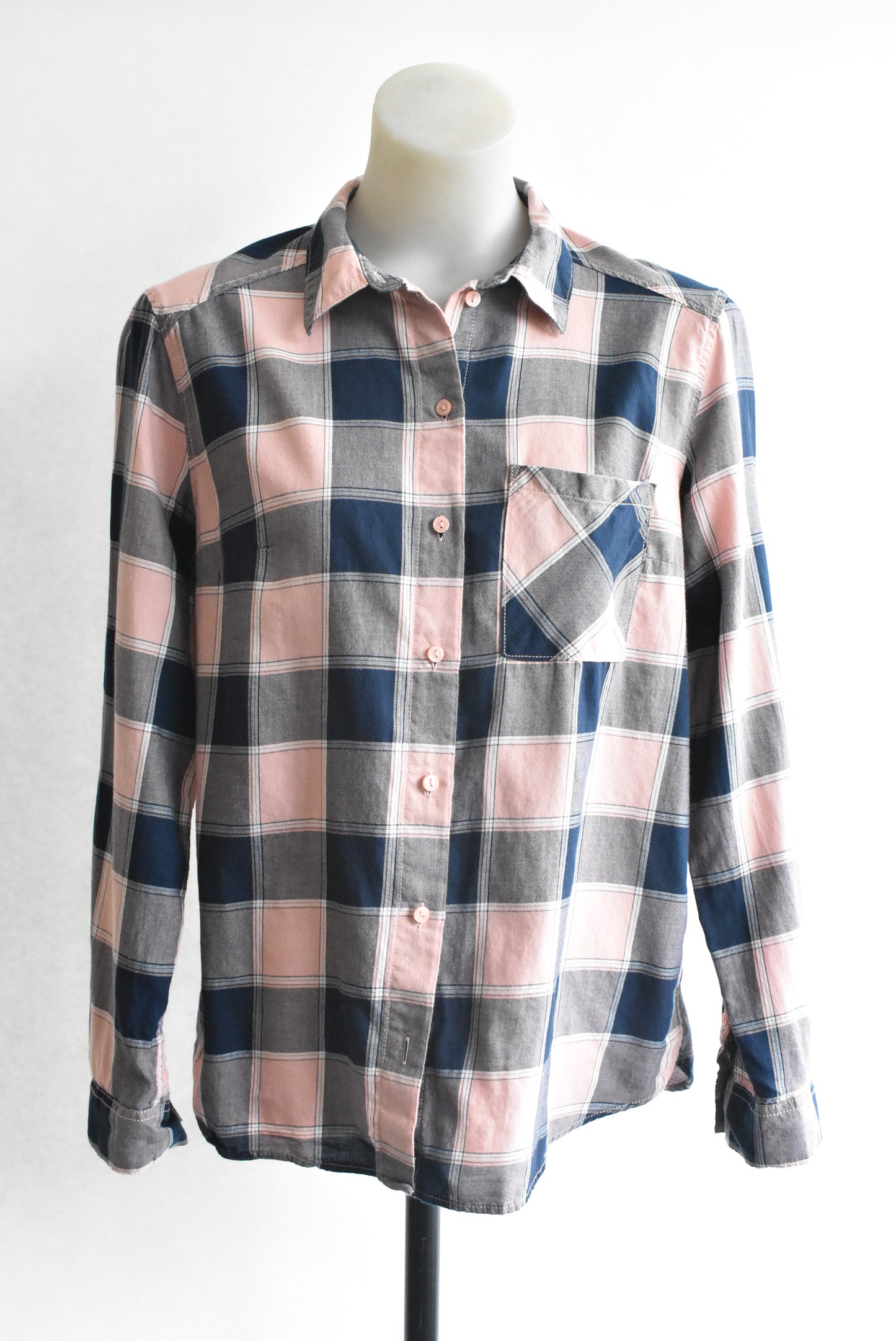 H&M navy & blush pink 100% cotton plaid shirt, size S
