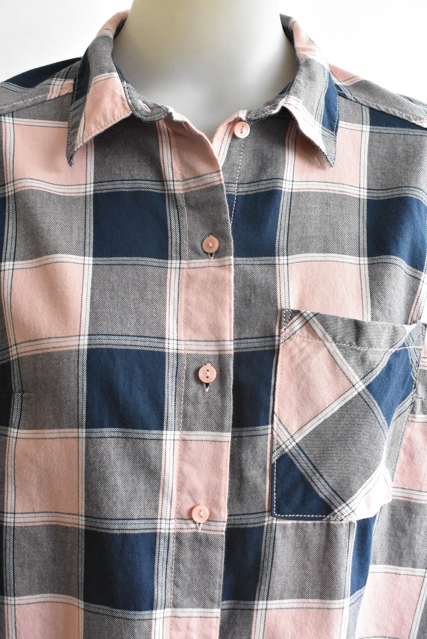 H&M navy & blush pink 100% cotton plaid shirt, size S