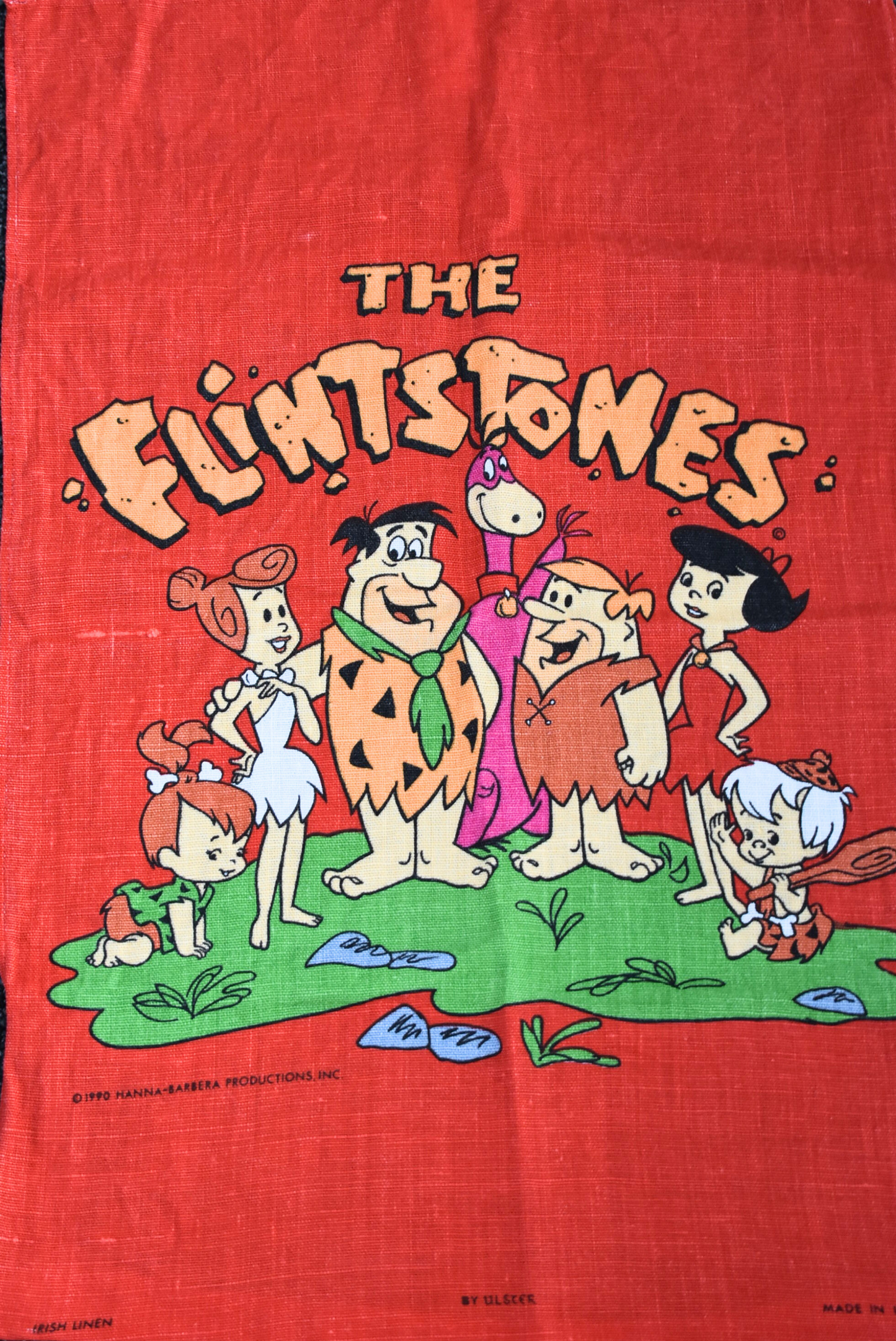 Retro Flintstones pure linen red tea towel