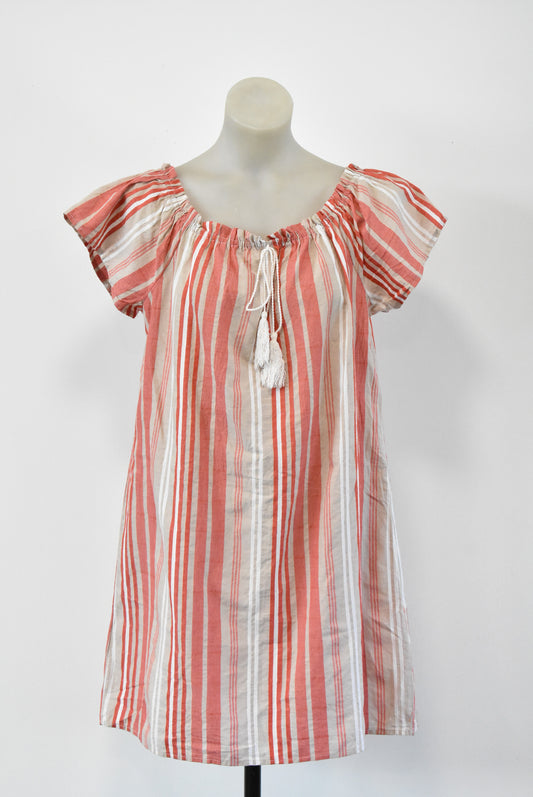 Wrapper 100% cotton red, white and beige striped dress, L