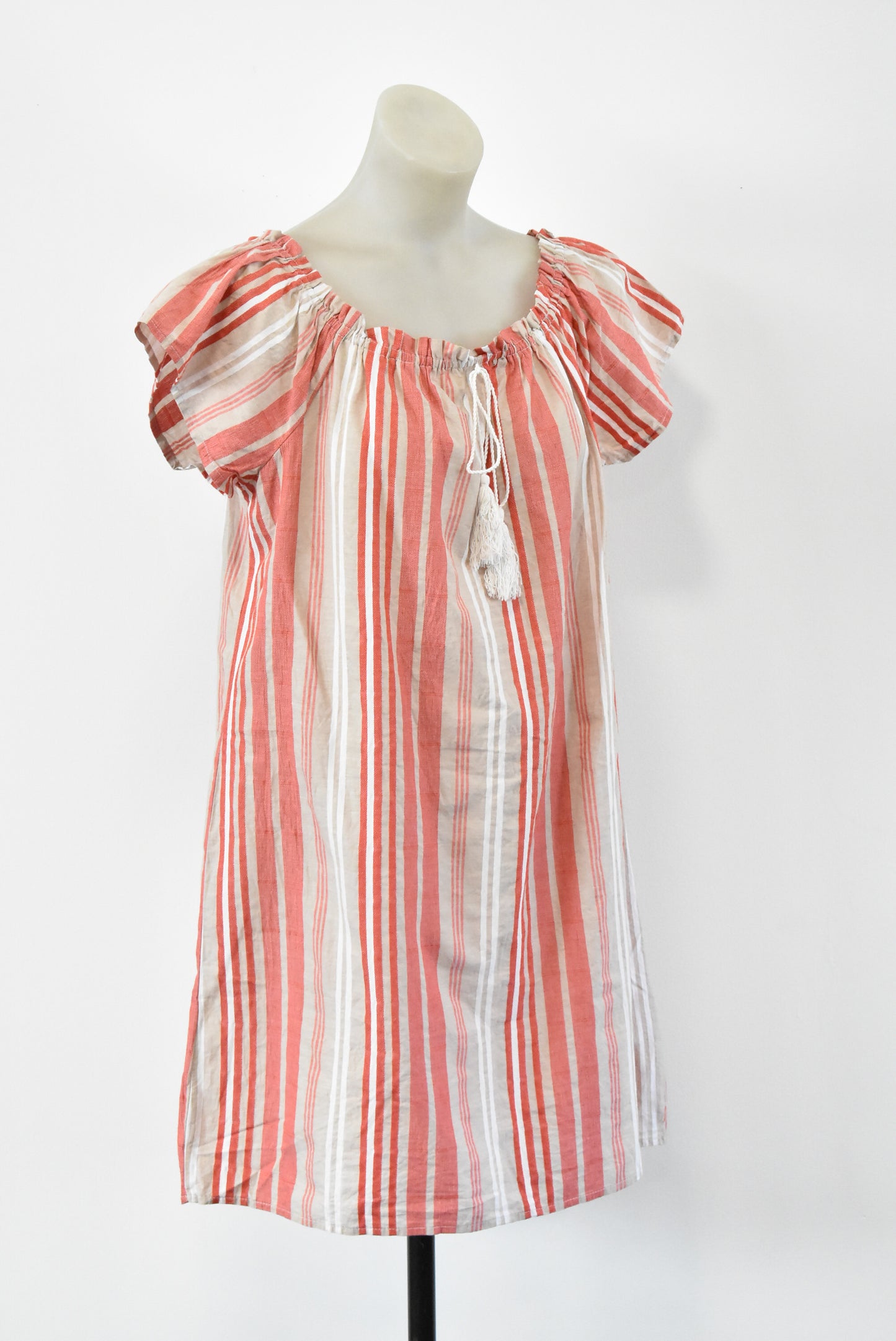 Wrapper 100% cotton red, white and beige striped dress, L