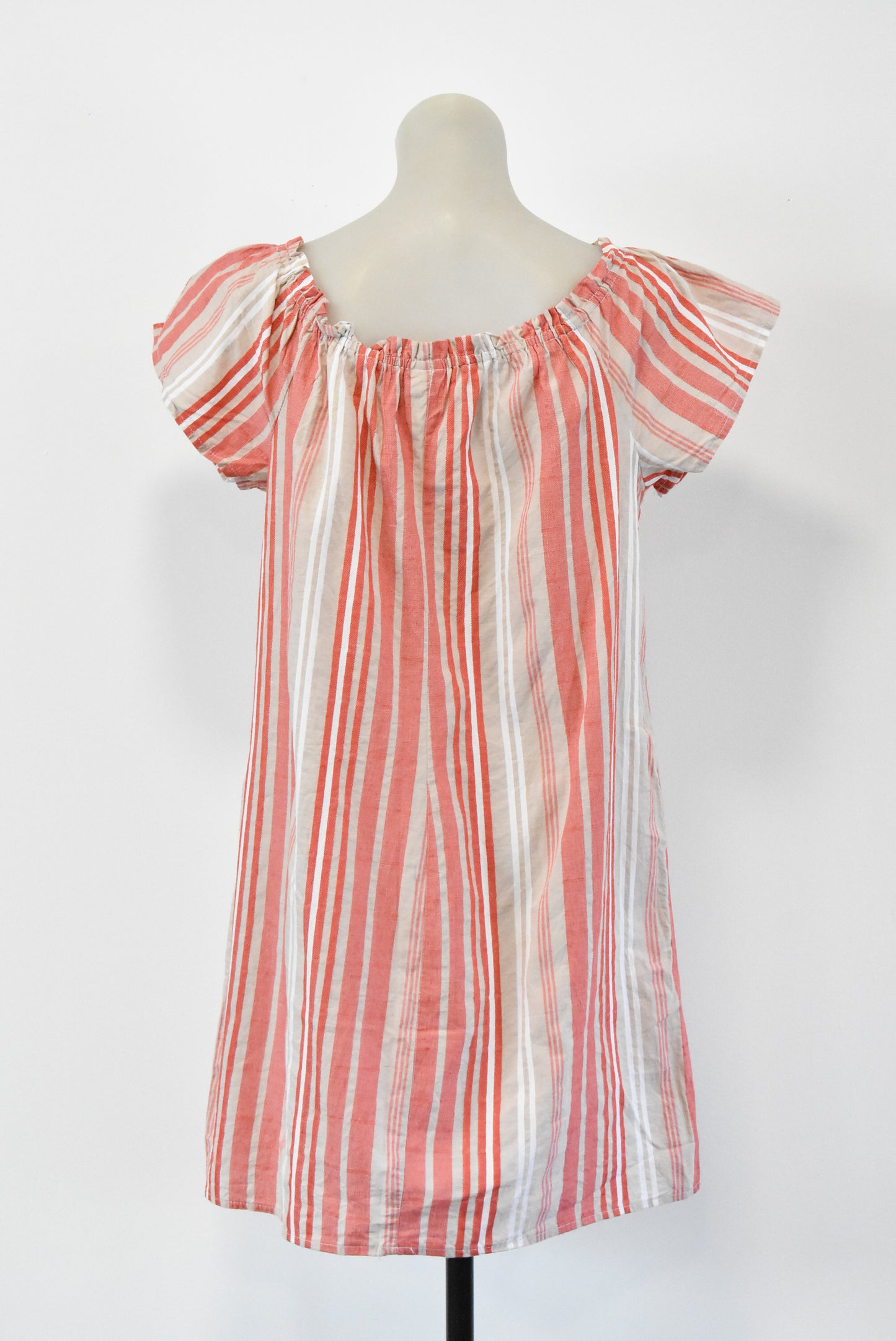 Wrapper 100% cotton red, white and beige striped dress, L