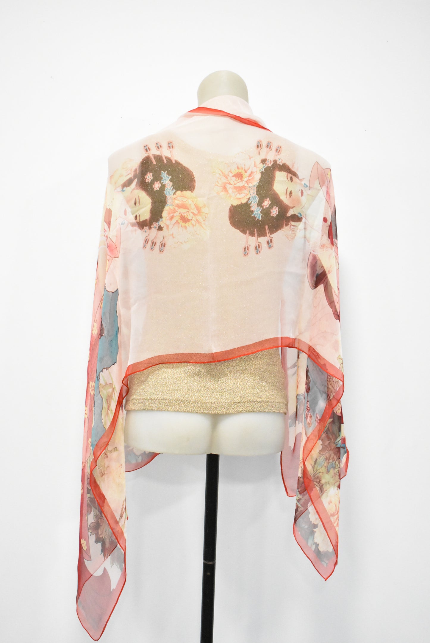 Chinese print sheer silk scarf