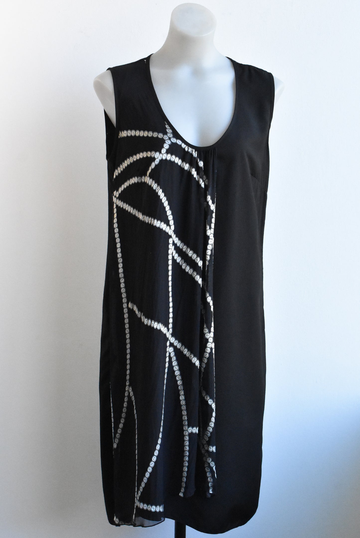 Obi New Zealand sleeveless black dress with silver button pattern, nz design, size 10