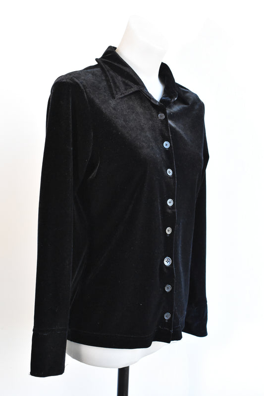 GAP black velour long sleeve button up top, XS