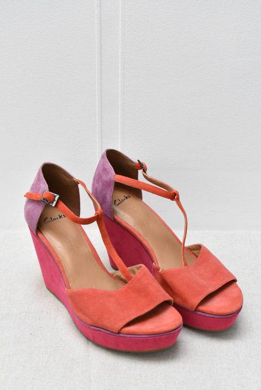 Clarks softwear coral, magenta and lilac wedges, Size 5.5