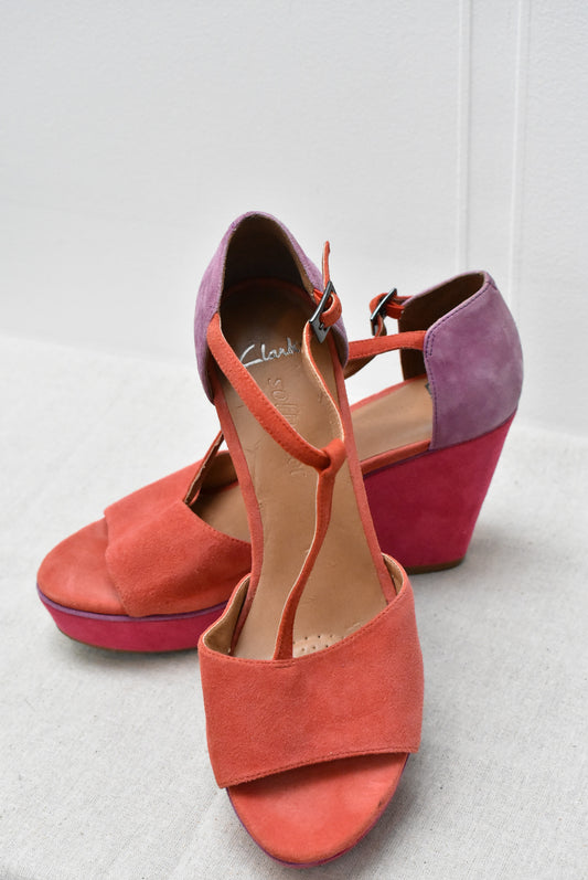 Clarks softwear coral, magenta and lilac wedges, Size 5.5
