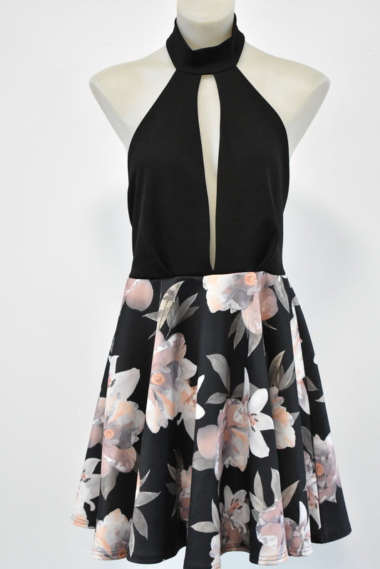 Boohoo halter neck black floral dress, size 16 NWT