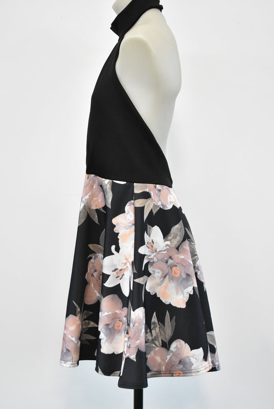 Boohoo halter neck black floral dress, size 16 NWT