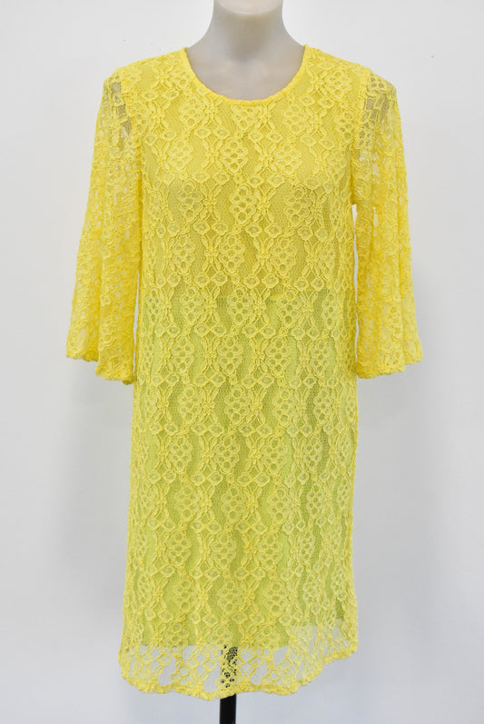 Ketz-Ke bright yellow and lime green lace floral dress, size 8