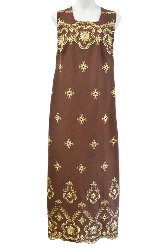 1970s Ballantynes gold flowers tunic-style maxi dress, L