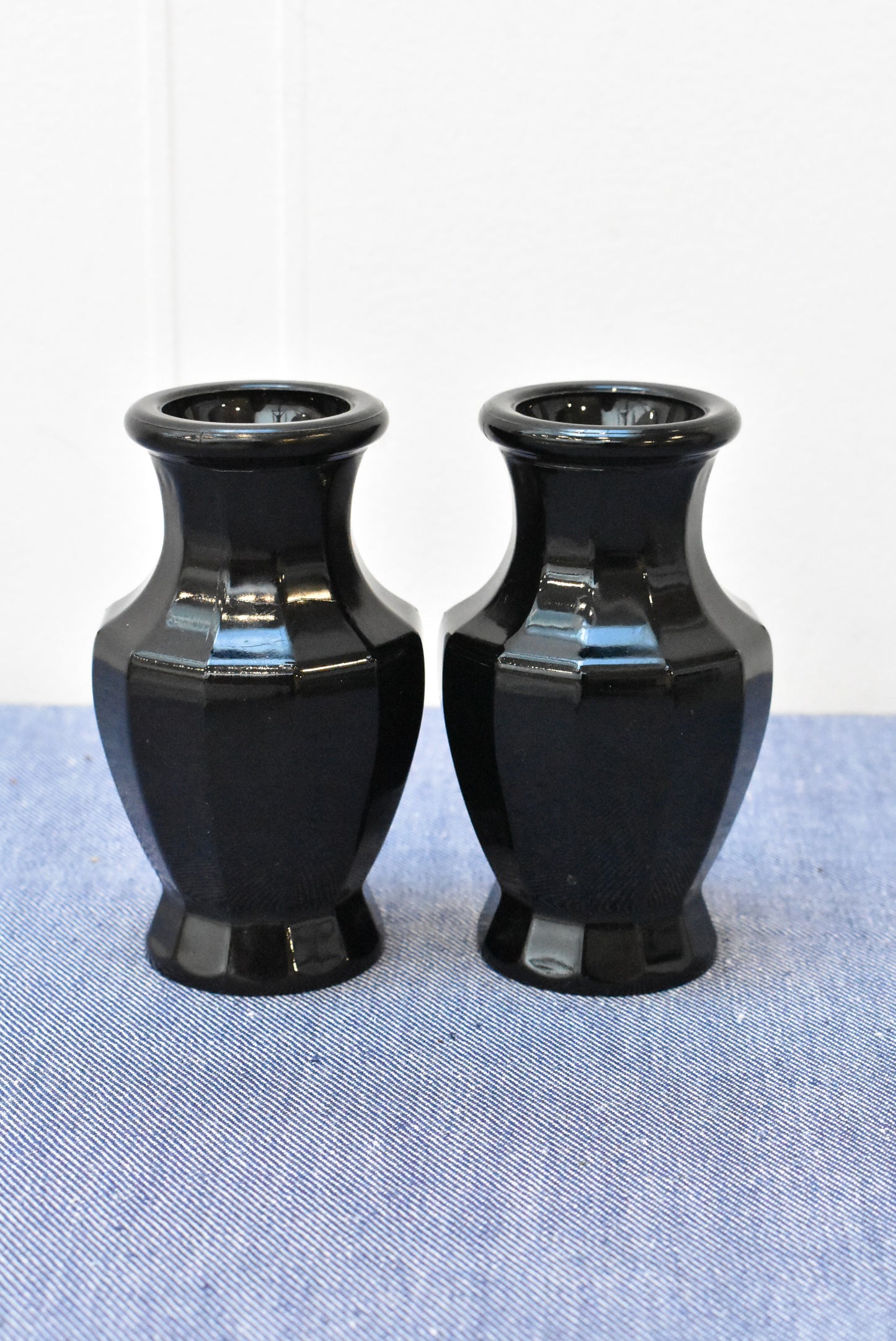 Vintage Luminarc pair of black glass vases