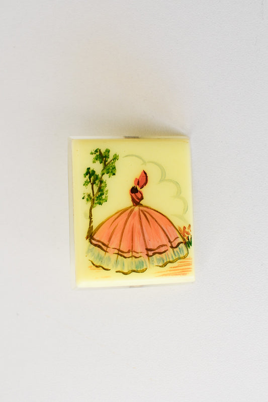 Vintage painted brooch of mysterious lady