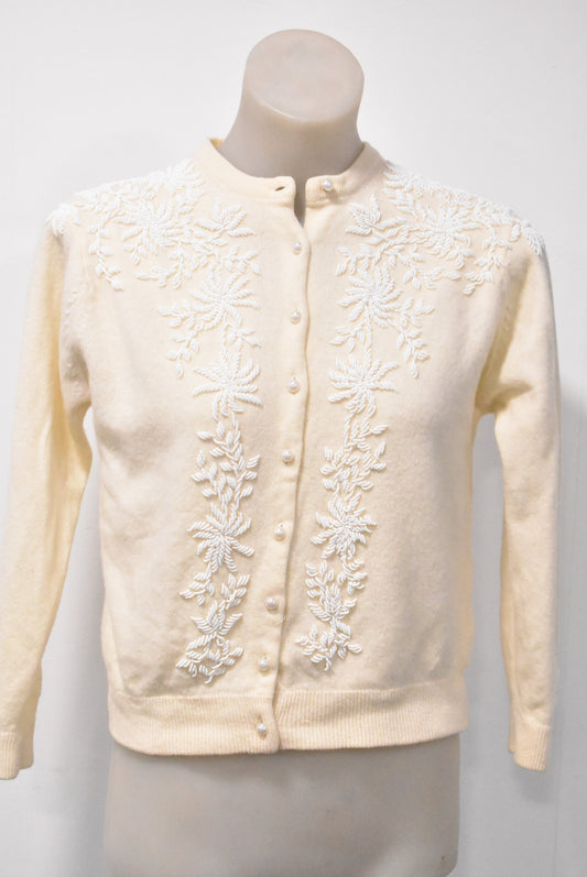 Vintage Crown lambswool & cashmere beaded lined cardigan, XS