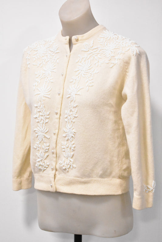 Vintage Crown lambswool & cashmere beaded lined cardigan, XS