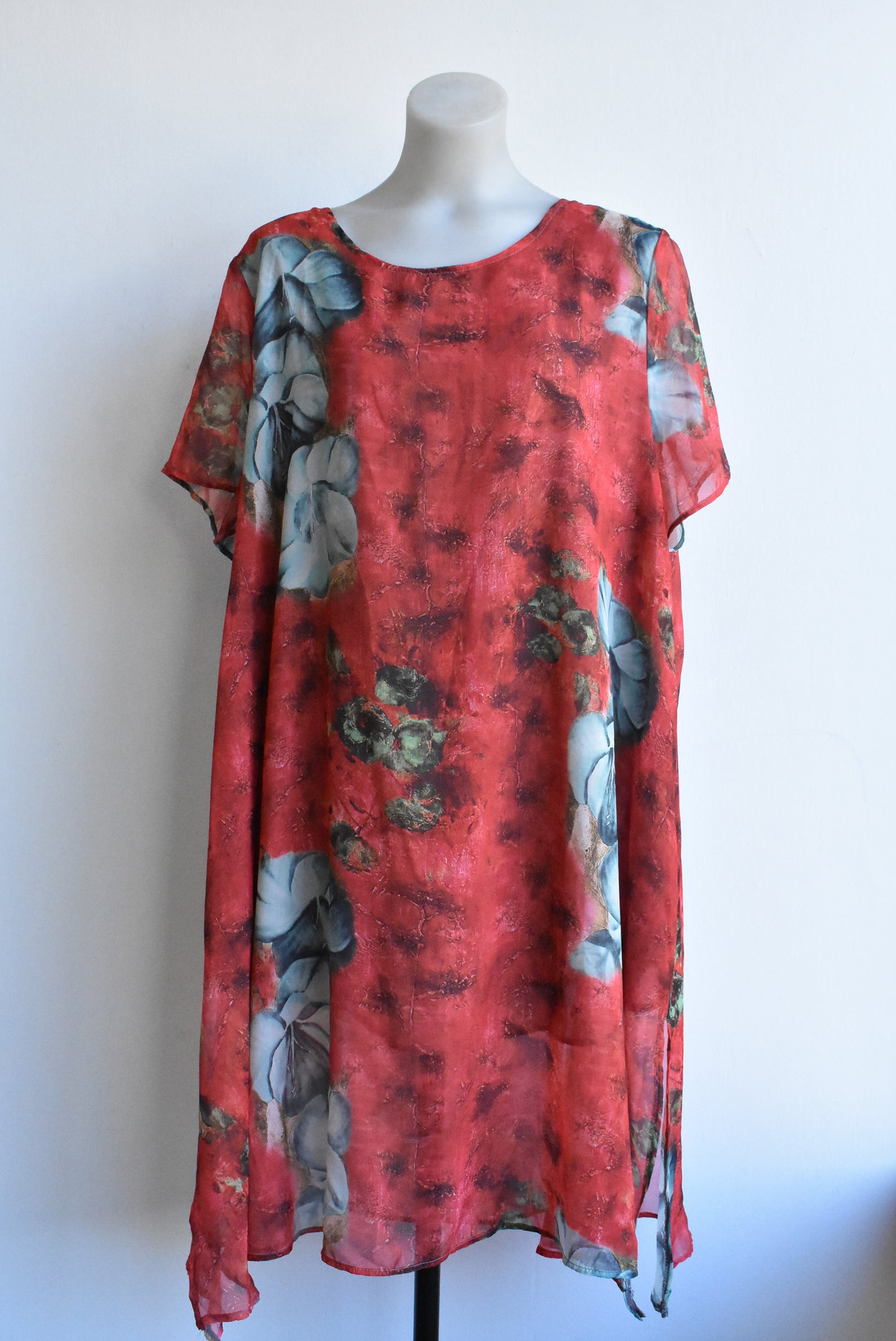 Red floral tent dress/longline top, L/XL