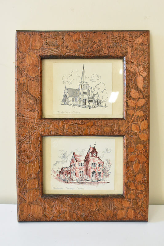 Two pen and ink sketches in an ornately hand carved frame