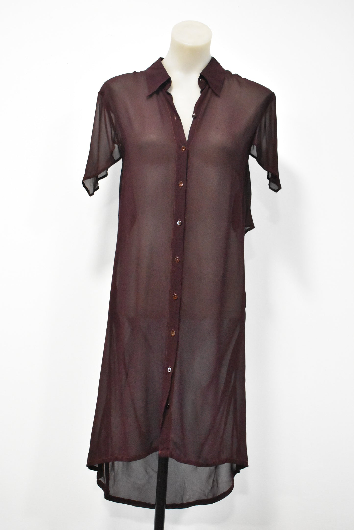 Ricochet sheer shirt dress with cowled open back, 8