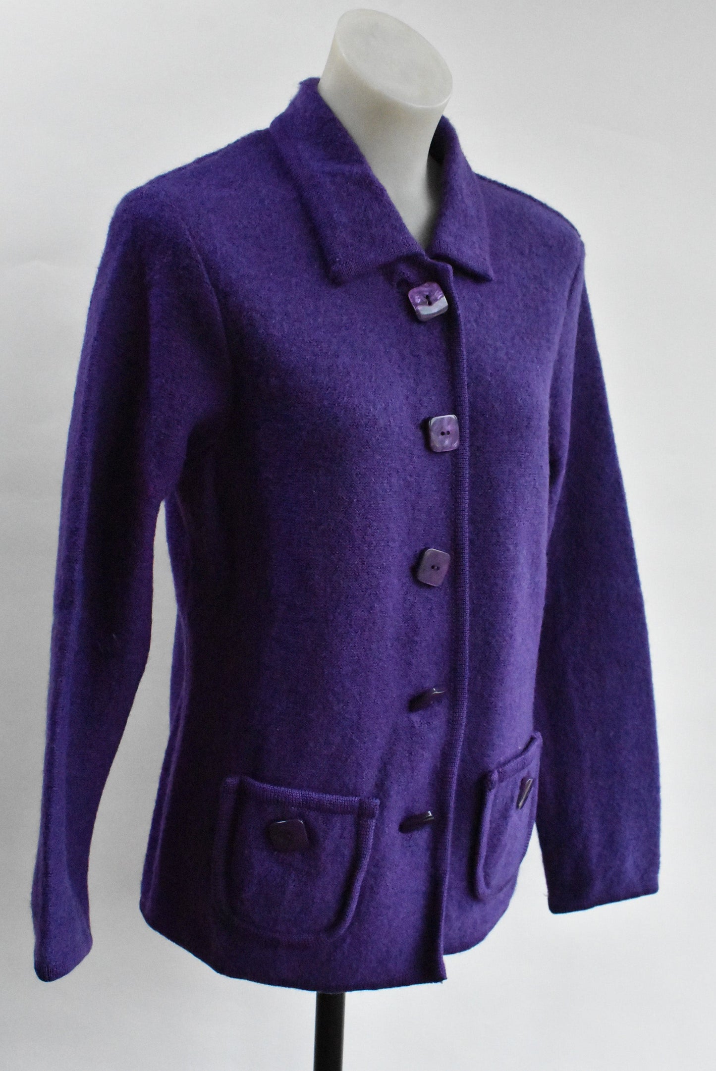 Retro purple boiled wool cardigan - with POCKETS!, M