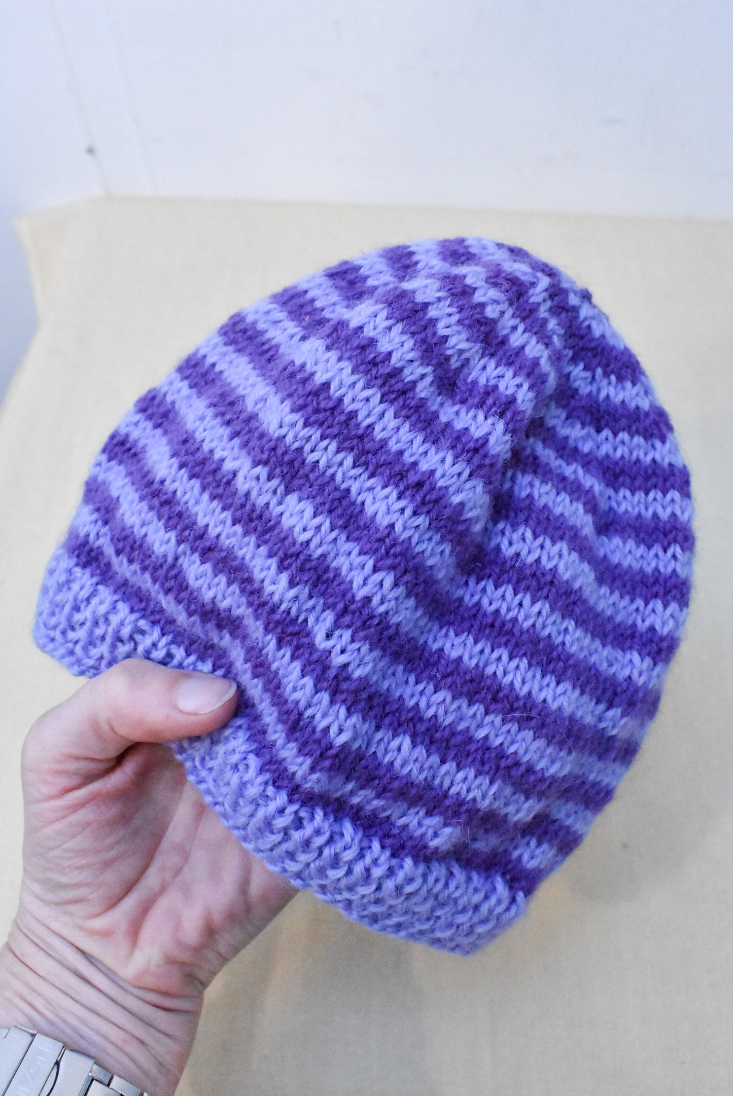 Purple striped crochet beanie