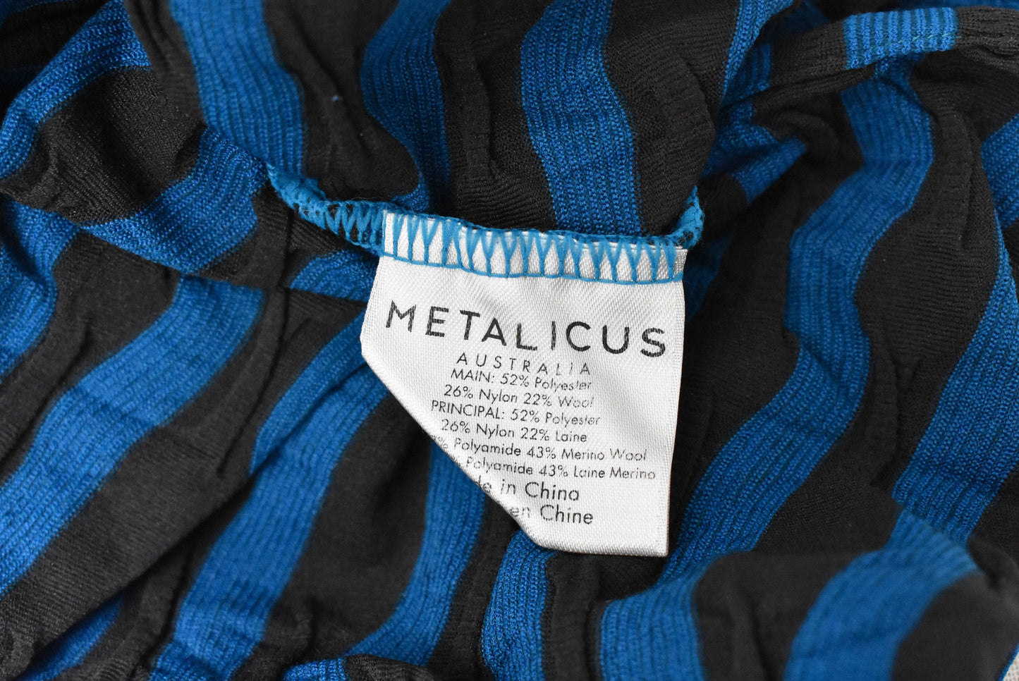 Metalicus black and blue striped wool blend dress, OSFM